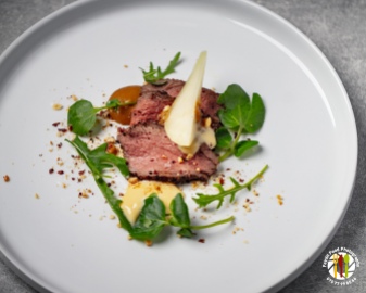 Exmoor Loin of Venison, Pears and Hazelnuts
